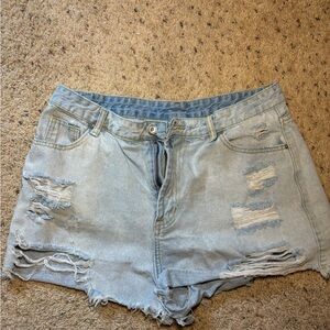 Distressed Denim Shorts - Light Blue